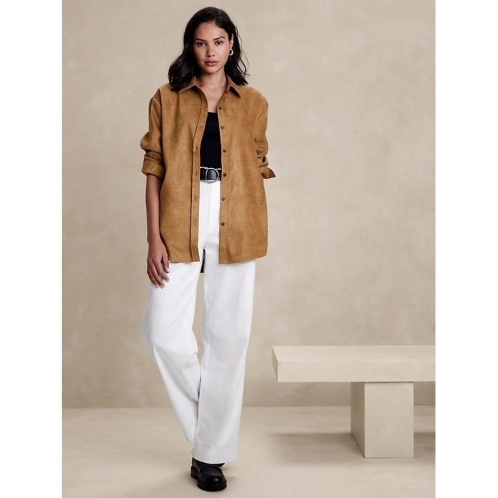 Banana Republic Oversized Vegan Suede Shirt Women M Horse Hair Brown 762836